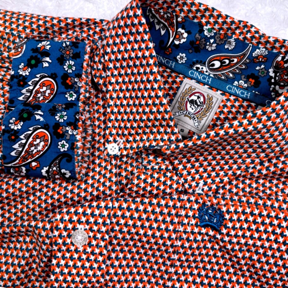 Cinch Western Shirt Mens S Orange Bluish Teal Geometric Paisley Flip Cuff Rodeo